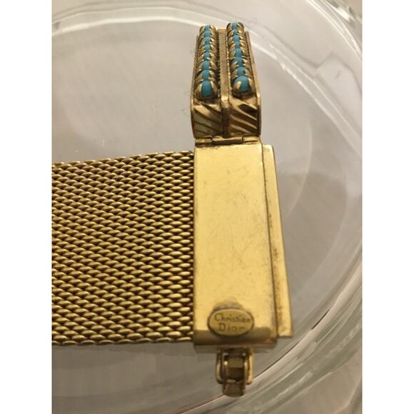 Vintage Christian Dior Gold Mesh Faux Turquoise Modernist Bracelet w/Fringe 60s - Picture 2 of 8